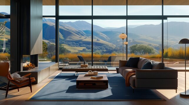 Living room boasting a sleek fireplace, large windows framing a stunning valley panorama,