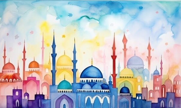 Colorful art watercolor painting depicting various mosques, ramadan day concept 