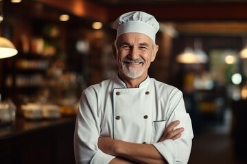 Smiling middle aged caucasian male chef in chef s hat and apron crossing arms in restaurant kitchen