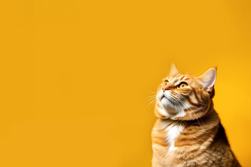 Obraz premium portrait of a funny red cat on a yellow background. Copyspace.