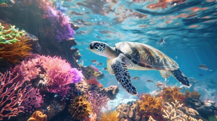 Green sea turtles swim around colorful coral reefs.