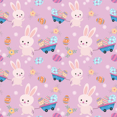 Cute bunny with Easter egg and flowers in cart pattern.