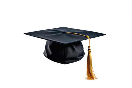 Full-body image of a graduation cap, floating mid-air, isolated on a pristine white background, sharp focus, high resolution, single object centered in frame, casting a soft shadow, ultra clear