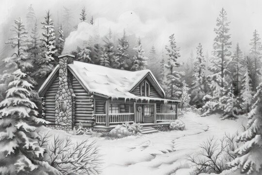 Pencil drawing of a cozy cabin in a winter forest at twilight