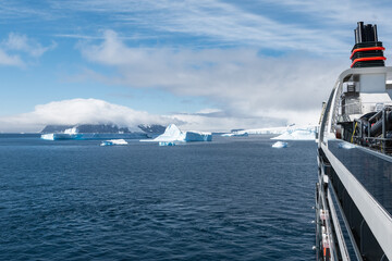 Side view of cruise ship in the Antarctic Ocean.