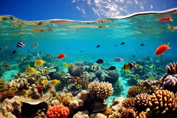 Tropical underwater paradise. colorful fish and vibrant coral reef in crystal clear waters