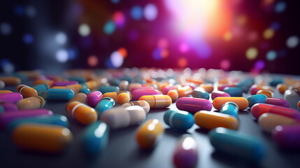 Medicine background. Blurred out close up of medication pills drop background with bokeh spotlight. - obrazy, fototapety, plakaty