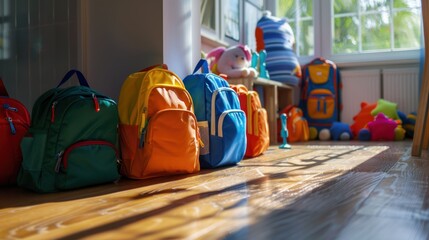Group of colorful backpacks on the wooden floor near the window, Colourful children schoolbags on wooden floor. Backpacks with school - obrazy, fototapety, plakaty