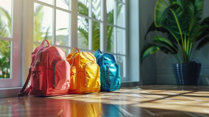 Group of colorful backpacks on the wooden floor near the window, Colourful children schoolbags on...
