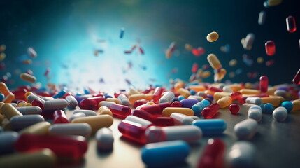 Medicine background. Blurred out close up of medication pills drop background with bokeh spotlight. - obrazy, fototapety, plakaty