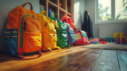 Group of colorful backpacks on the wooden floor near the window, Colourful children schoolbags on wooden floor. Backpacks with school