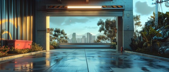Garage door leading to a futuristic utopia