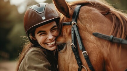 Happy woman wearing helmet embracing horse