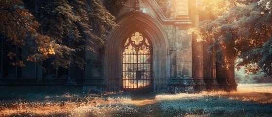 Gothic cathedral door opens to a peaceful meadow