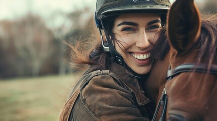 Happy woman wearing helmet embracing horse - obrazy, fototapety, plakaty