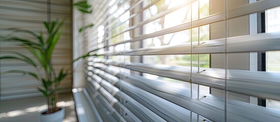 Naklejka premium A potted plant adorns the window sill of a building, with the blinds open to let in natural light. The wood fixture complements the glass window of the houses facade