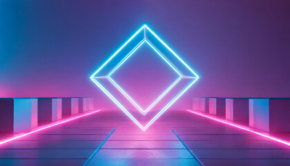 Abstract pink blue rhombus shape, glowing frame. Holographic gradient geometric figure. 3D rendering.