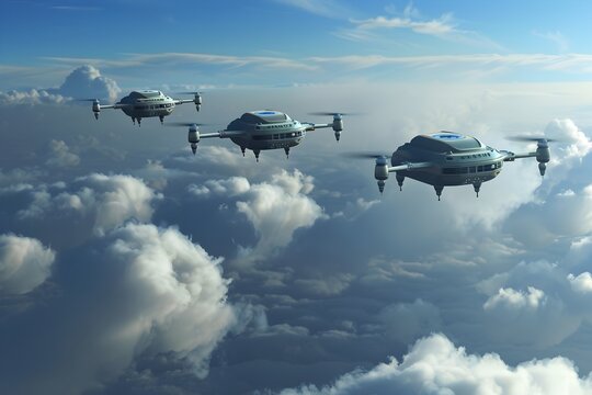 Flying drones above clouds concept render - An imaginative representation of autonomous drones flying in formation above the clouds