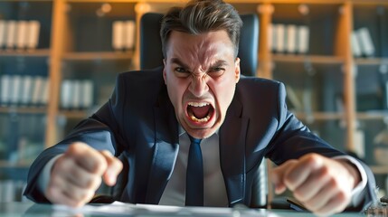 Angry businessman pounding the desk - An intense image depicting a furious businessman pounding his fists on a desk in an office setting