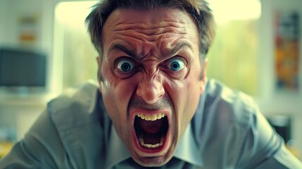 Furious man screaming with bulging eyes - Portrait of an extremely angry man screaming with eyes bulging and intense expression