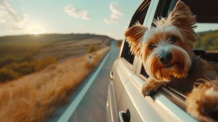 The dog stuck its head out the car window. - obrazy, fototapety, plakaty