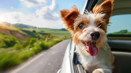 The dog stuck its head out the car window. - obrazy, fototapety, plakaty