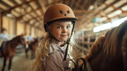 Foto op Canvas Young brown-haired girl practices riding a horse © chutikan