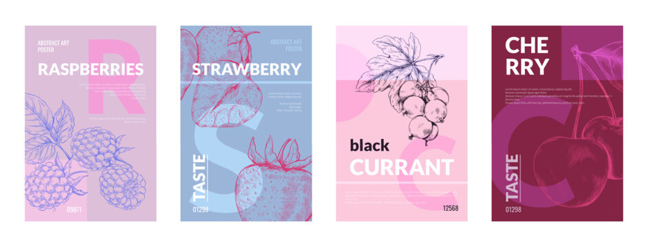 Food posters. Pattern design background with abstract art and typography juice label, hipster invitation. Hand drawn strawberry and cherry. Vertical banner or flyer. Vector modern template