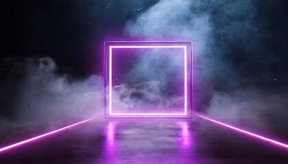 Futuristic neon pink purple square frame. 3D rendering. Isolated on black smoky background.