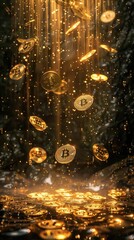 A cascade of bitcoins shining brightly as they fall like stars from the digital sky, representing wealth raining down on investors