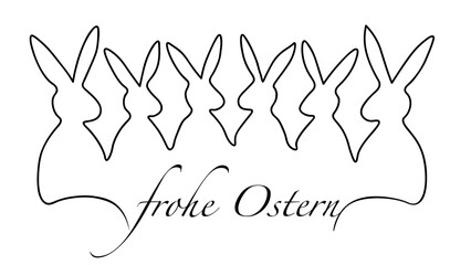 Text Frohe Ostern, Happy Easter. Cute simple Easter Bunnies or Rabbits cartoon line art banner. Line drawing style of the Chinese new year. Icon, logo, symbol and print template