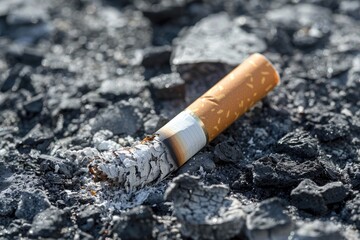 A discarded smoking cigarette butt lies among the ashes. The concept of health risks associated with smoking and the importance of smoking cessation efforts.