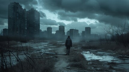 An ominous image portraying the onset of a recession,  with a darkened skyline and a solitary figure walking amidst deserted streets. Model aged 30-45,  male,  symbolizing economic downturn. - obrazy, fototapety, plakaty