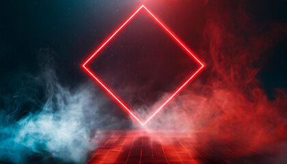 Abstract neon red rhombus shape, glowing frame. Holographic gradient geometric figure. 3D rendering.