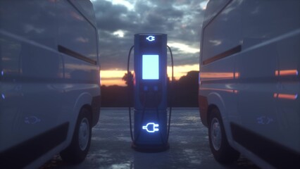 Electric car charging. Modern electric delivery van is charged at the charging station. 3d illustration © Laricha