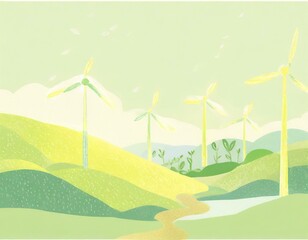 Fototapeta premium Green energy, ecology, the Earth day background with copyspace. Wind turbines in a green landscape pastel illustration. 