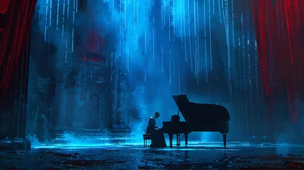 Foto op Canvas Envision a dramatic setting with rich cinematic colors enveloping the space, highlighted by intricate blue stage lighting and cascading ropes overhead. Amidst it all, a solitary figure sits, singing p © growth.ai