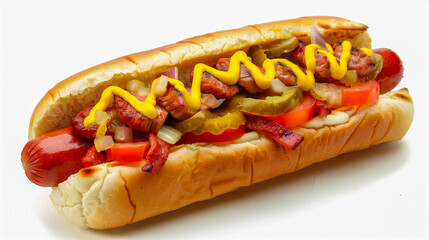 Fast food concept, a juicy hot dog with fresh vegetables and creamy sauces.