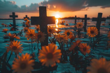 Cross Surrounded by Daisies in Water