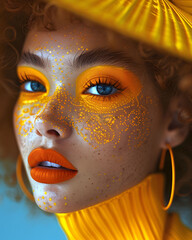 Golden Glow: Striking Portrait of a Woman with Amber Eyes and Yellow Fashion