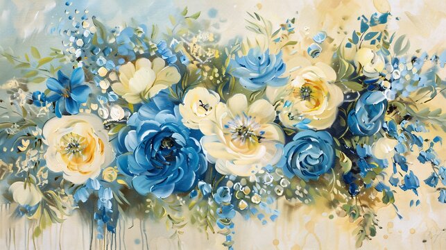 a delicately painted wedding flower bouquet with intricate details in hues of blue, yellow, indigo, beige, and cream. Choose from oil, acrylic, or watercolor mediums, leaving space for text