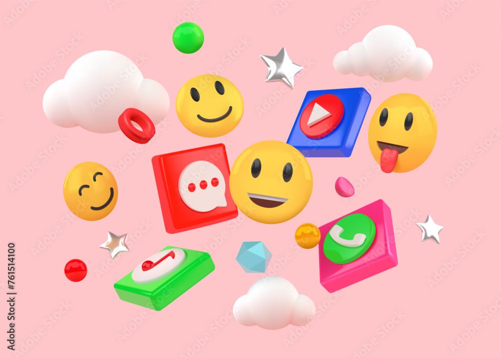 Poster Social media icons. 3d emoji for digital internet phone app, mobile network communication elements. Modern objects flying, clouds and stars, chatting application. Render isolated vector design