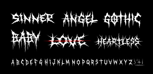 Dark Lettering tattoo vector font type and grunge style Gothic print designs of Sinner, Angel, Gothic, Love, Baby. Y2k Ghotic tattoo font concept for apparel print design. Rock n Roll style lettering