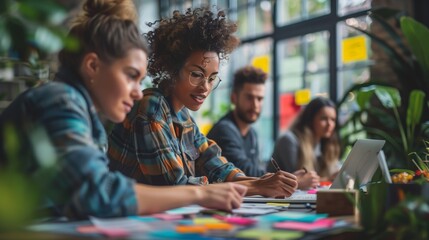 A diverse group of professionals gathered around a table, engaged in a brainstorming session, sharing ideas, collaborating on projects, and working together towards a common goal, showcasing teamwork