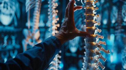 Chiropractor demonstrating treatment approach with hand on spine chart.