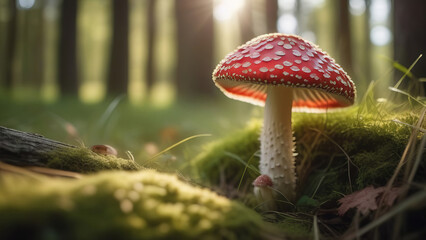 Fly agaric in the forest. Close-up. - obrazy, fototapety, plakaty