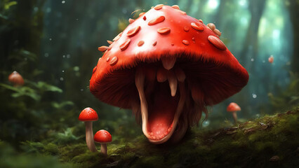 Fly agaric in the forest. Fantastic creepy mushroom with open mouth. - obrazy, fototapety, plakaty