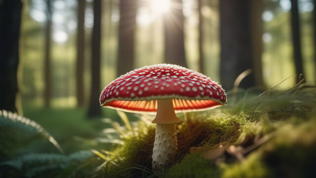 Fly agaric in the forest. Close-up.