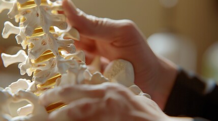 Chiropractor's hand demonstrating adjustment technique on spine chart.