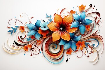 Colorful Flowers and Swirls on White Background